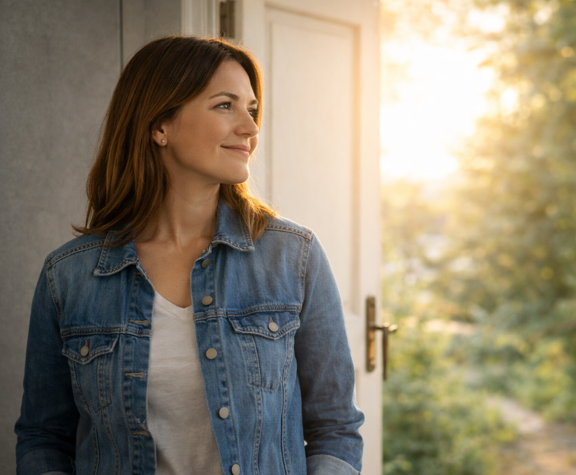 Woman standing by a door, looking outside with a warm glow
