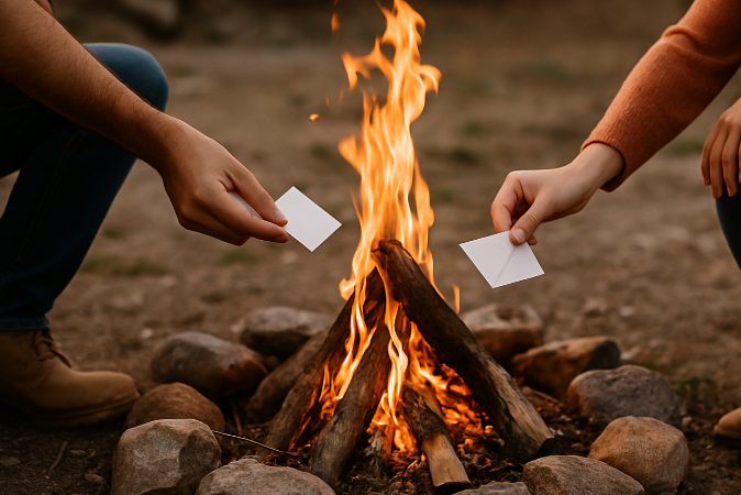 Two people lighting matches over a campfire surrounded by stones.