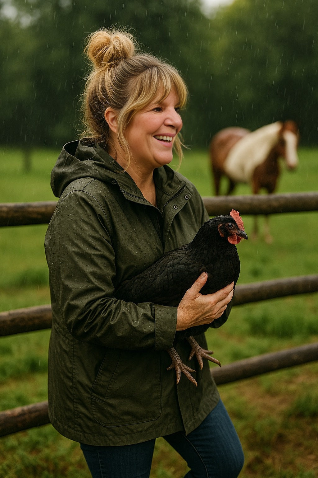 Woman holding a black chicken outdoors with a horse in the background