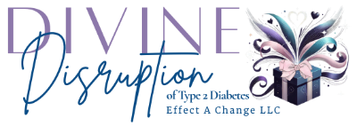 Logo for 'Divine Disruption of Type 2 Diabetes Effect A Change LLC' with decorative elements on a white background.