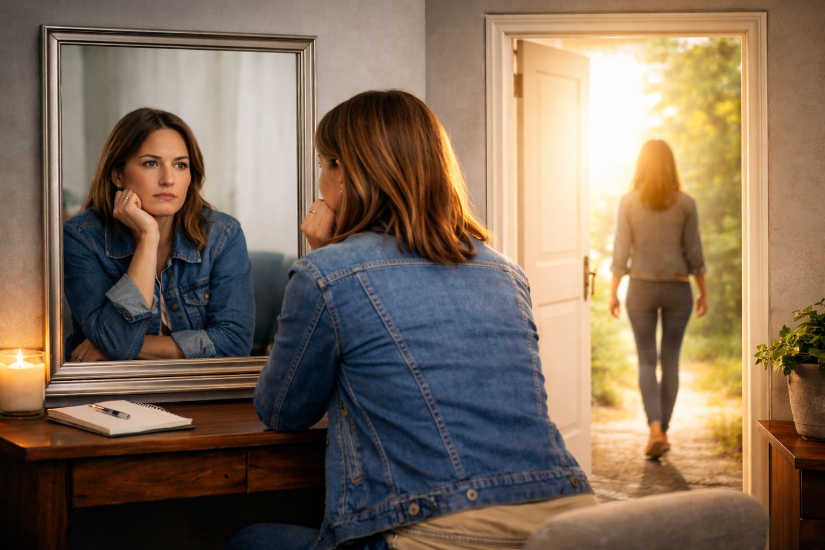 Woman sitting in front of a mirror looking at herself, with another woman walking towards the door in the reflection.