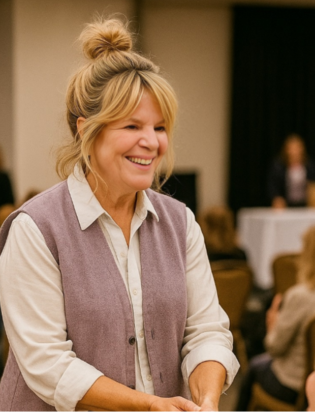 Woman in a purple vest smiling in an indoor setting with blurred people in the background
