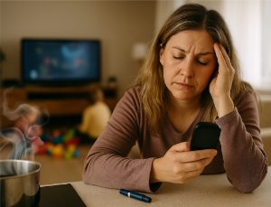 Woman holding a phone with a concerned expression in a room with a TV and toys in the background